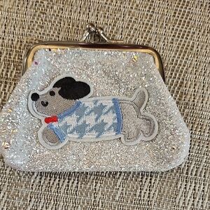 Hand Crafted Glittery Silver Dog Kiss Lock Coin Purse
